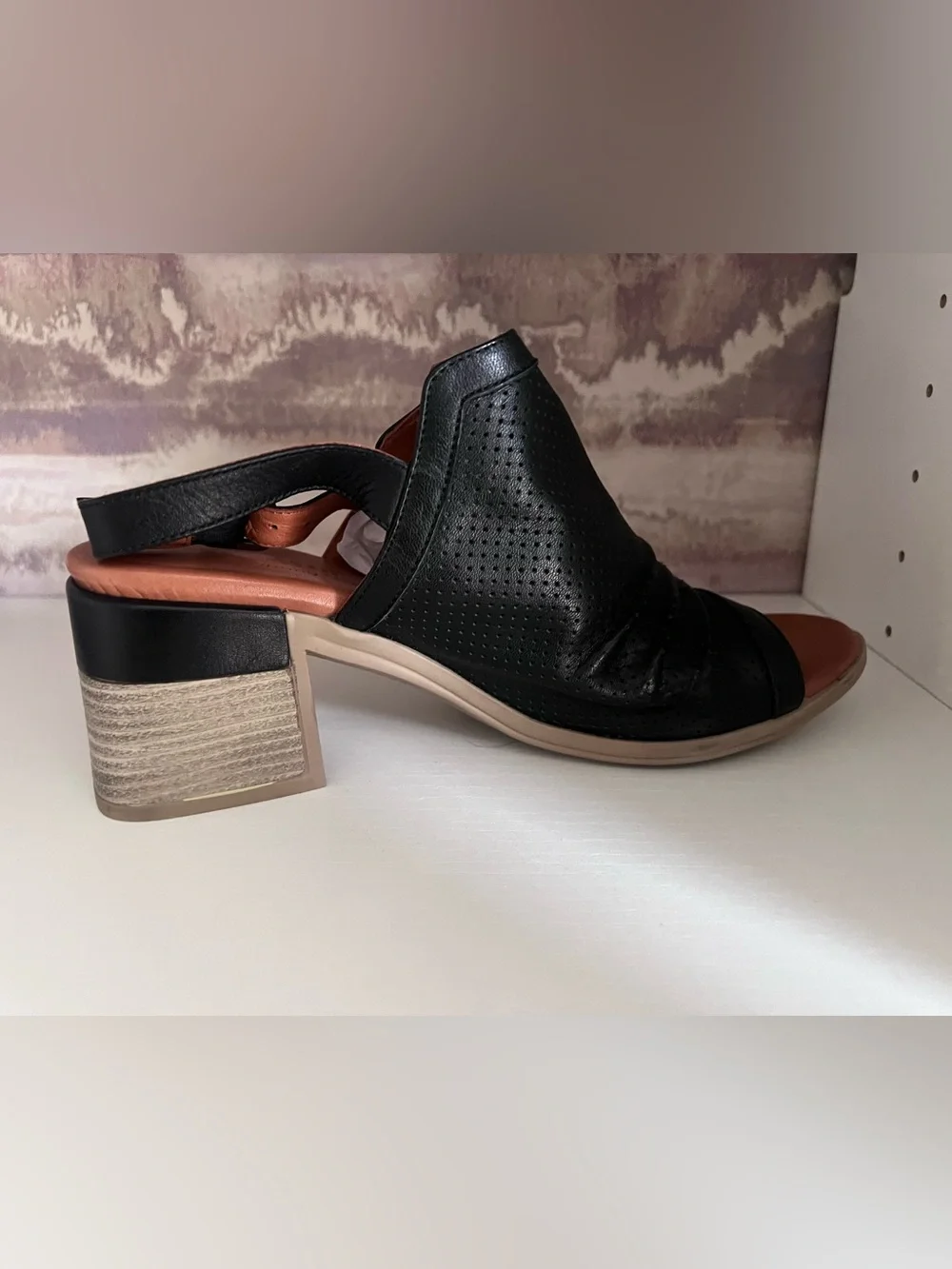 Spring Step Black Perforated Slingback Block Heel Sandal 9